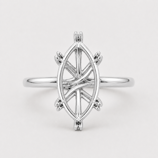 14K Marquise Solitaire — Double Prong Cathedral, Size 6.5 — 14K gold mounting