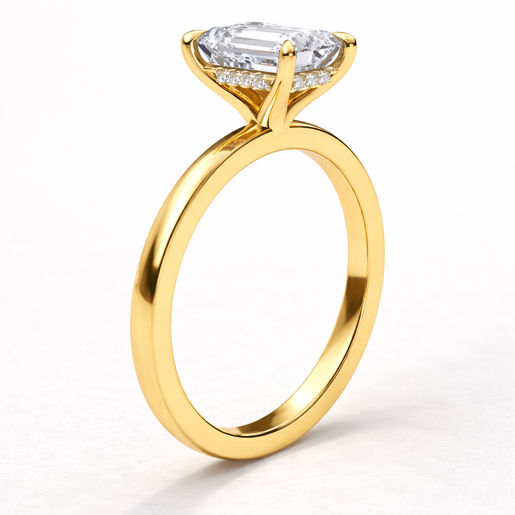 14K Flat Band Hidden Halo Emerald Solitaire Size 6.5