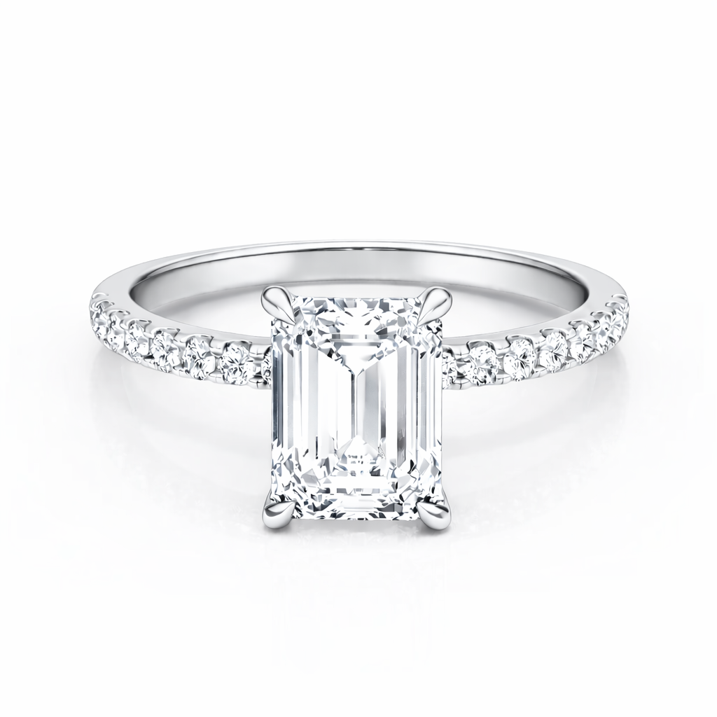 14K Emerald Solitaire — Hidden Halo Pave, Size 6.5 — 14K gold mounting