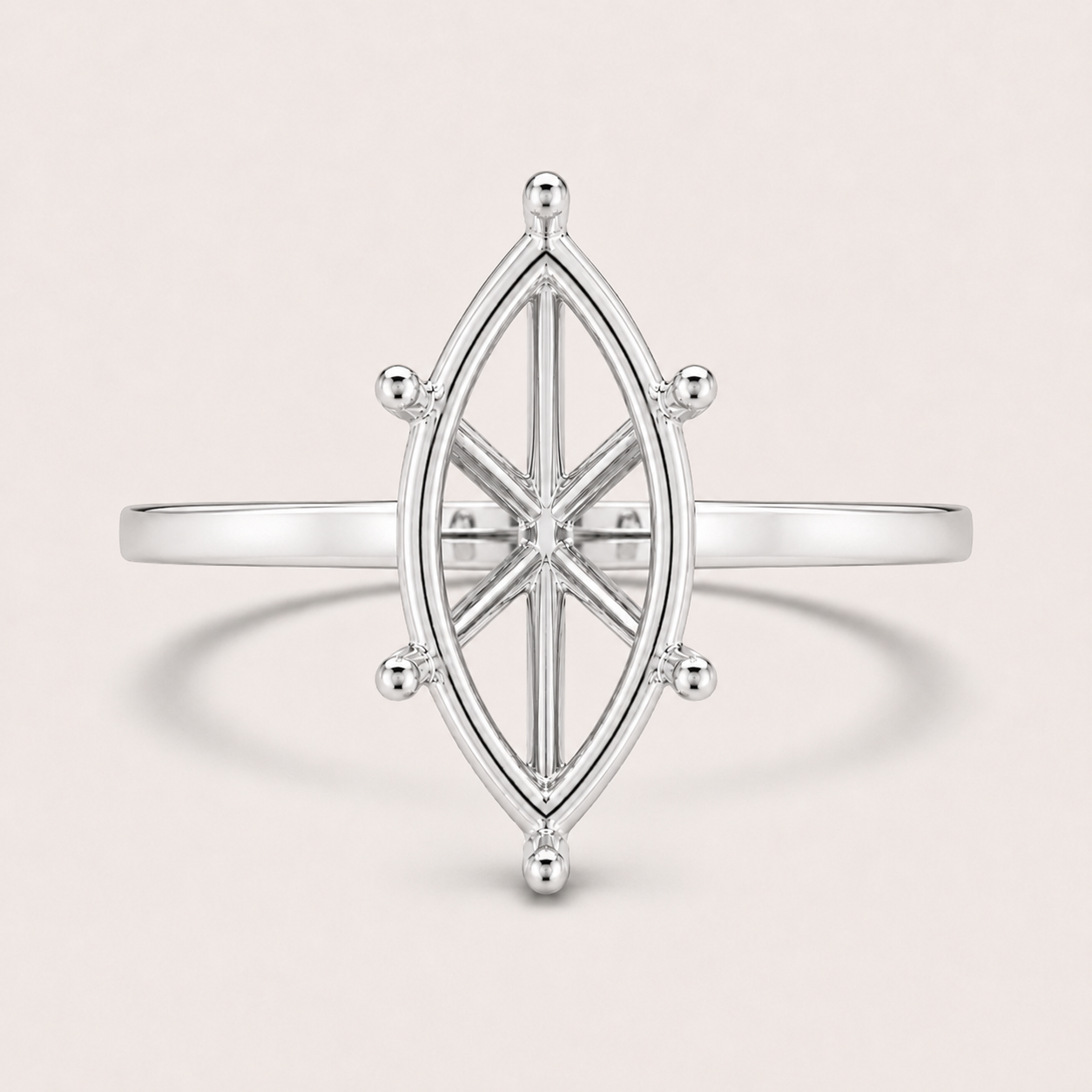 14K Marquise Solitaire — 6 Prong Flat Band, Size 6.5 — 14K gold mounting