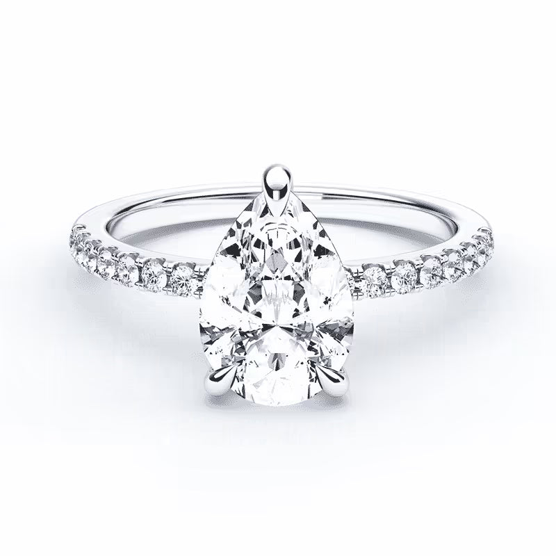 14K Pear Solitaire — Hidden Halo Pave, Size 6.5 — 14K gold mounting