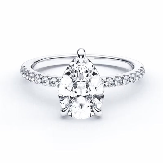 14K Pear Solitaire — Hidden Halo Pave, Size 6.5 — 14K gold mounting